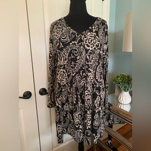 NWOT, Sew In Love, Tiered Dress/Tunic, V-Neck, LS, Paisley/Floral, Black/Tan, 2X